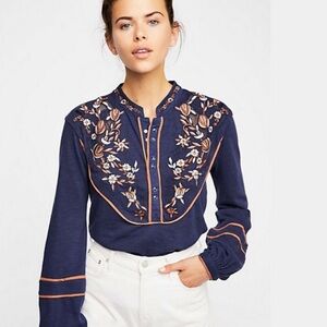 Free People Navy Embroidered Henley